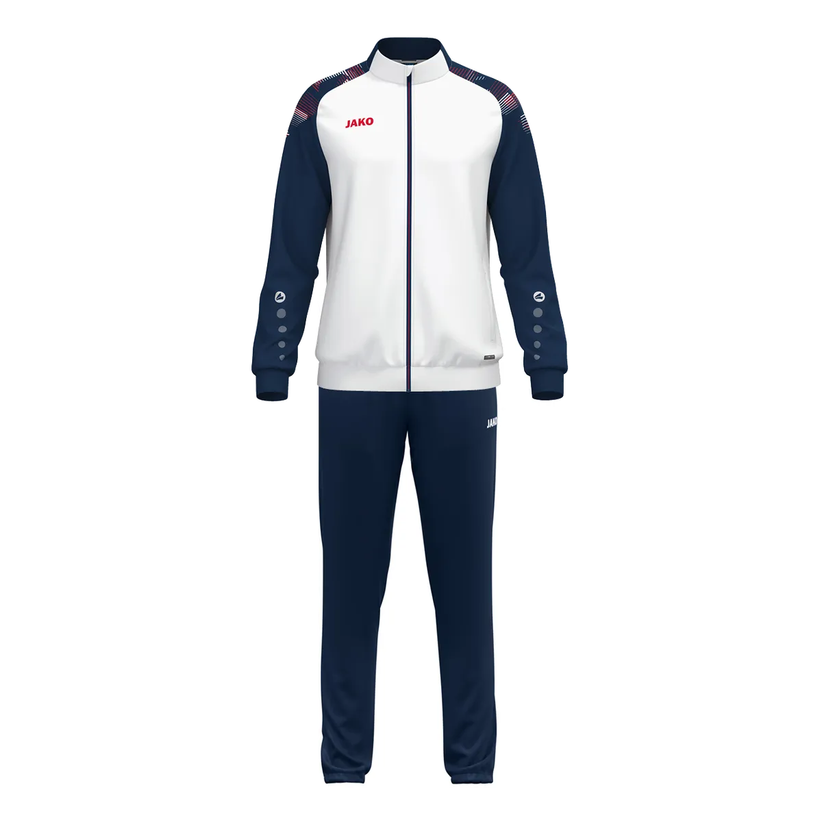 JAKO Trainingsanzug Sonic Unisex weiß/marine/rot Front #farbe_weiss-marine-rot