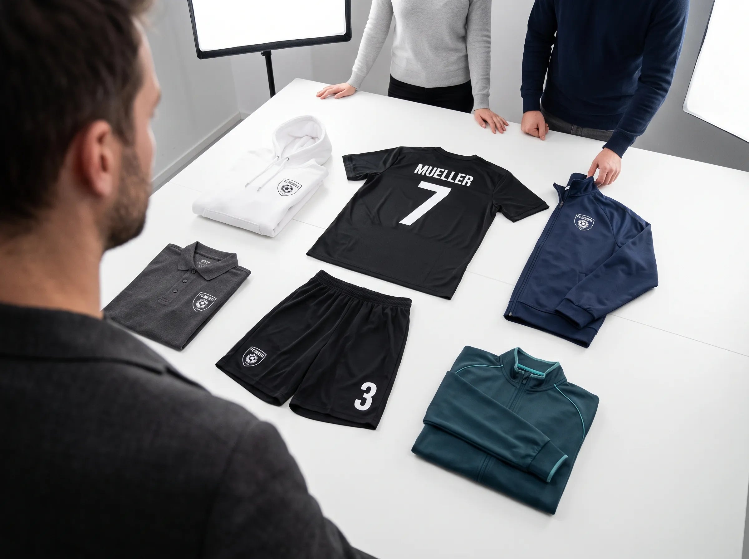 Über-die-Schulter-Blick auf ästhetisch drapierte, bedruckte Teamwear mit Rückennummern und Vereinslogo auf weißem Tisch