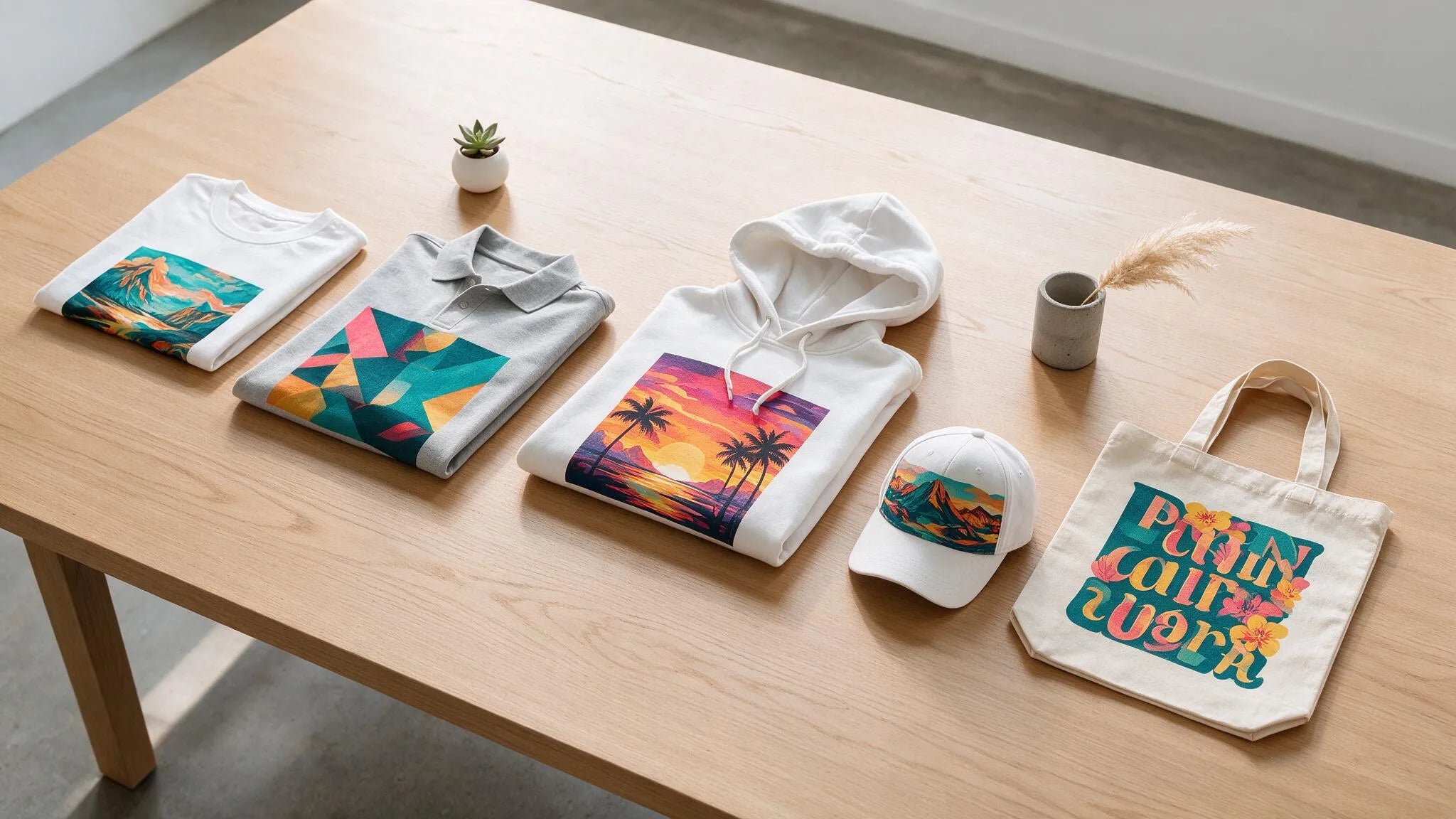 Fünf Artikel mit DTF-Druck – T-Shirt, Polo, Hoodie, Kappe und Baumwolltasche auf Eichentisch