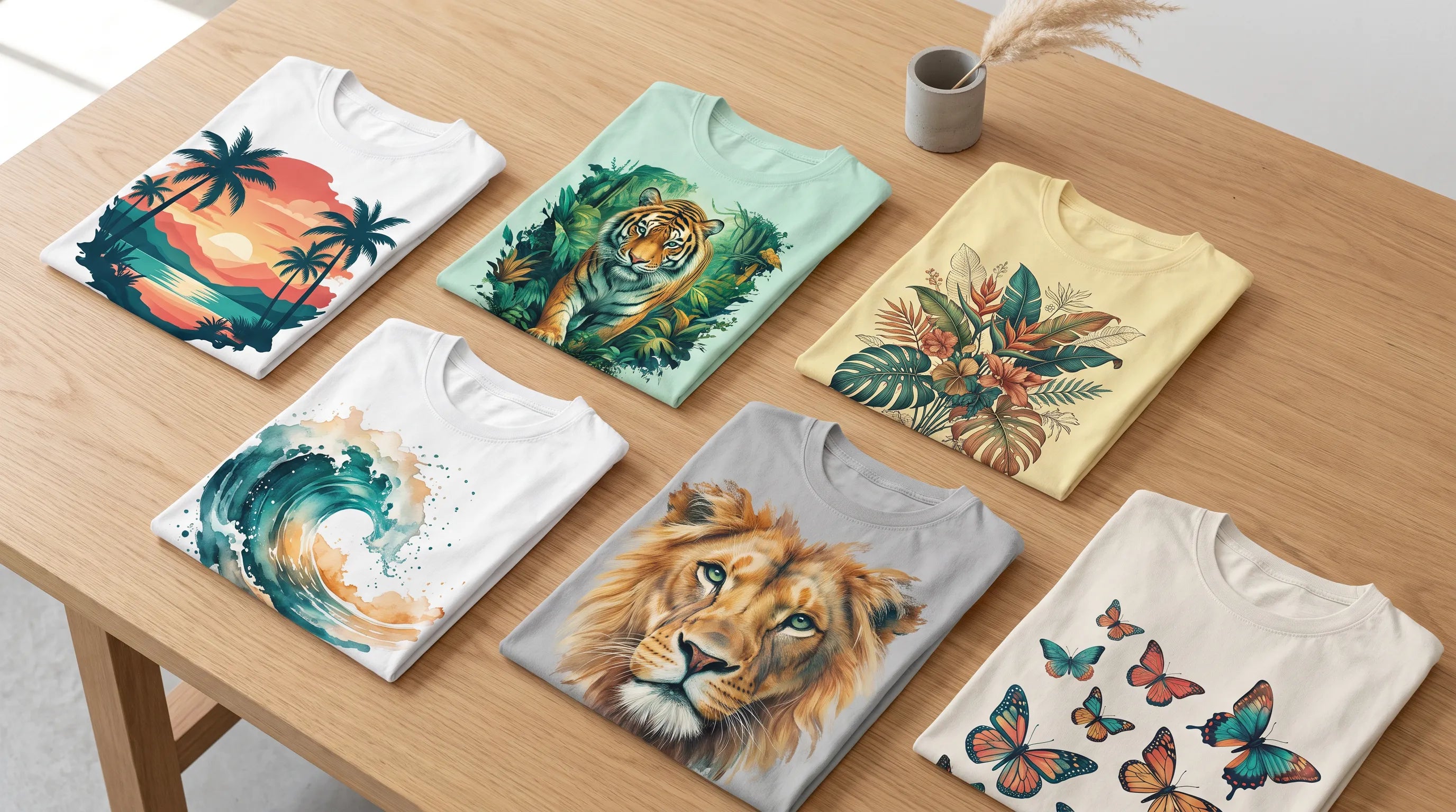Sechs T-Shirts mit farbigen DTF-Motiven auf Eichentisch in Galerie-Atmosphäre