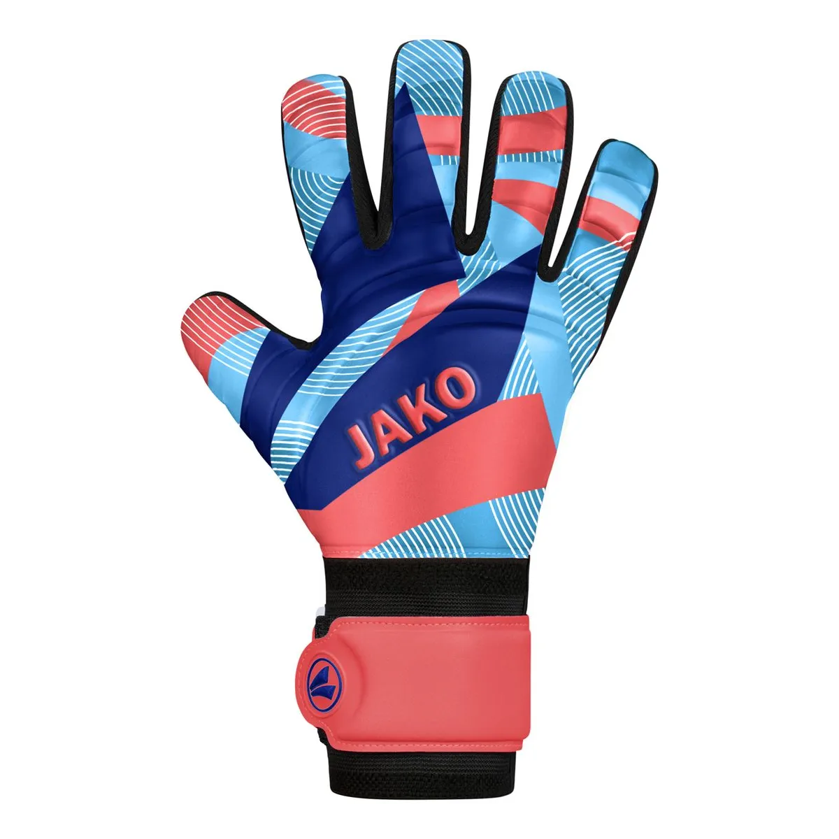 JAKO Torwarthandschuhe River Basic Junior RC Unisex coral-skyblue-navy Front #farbe_coral-skyblue-navy