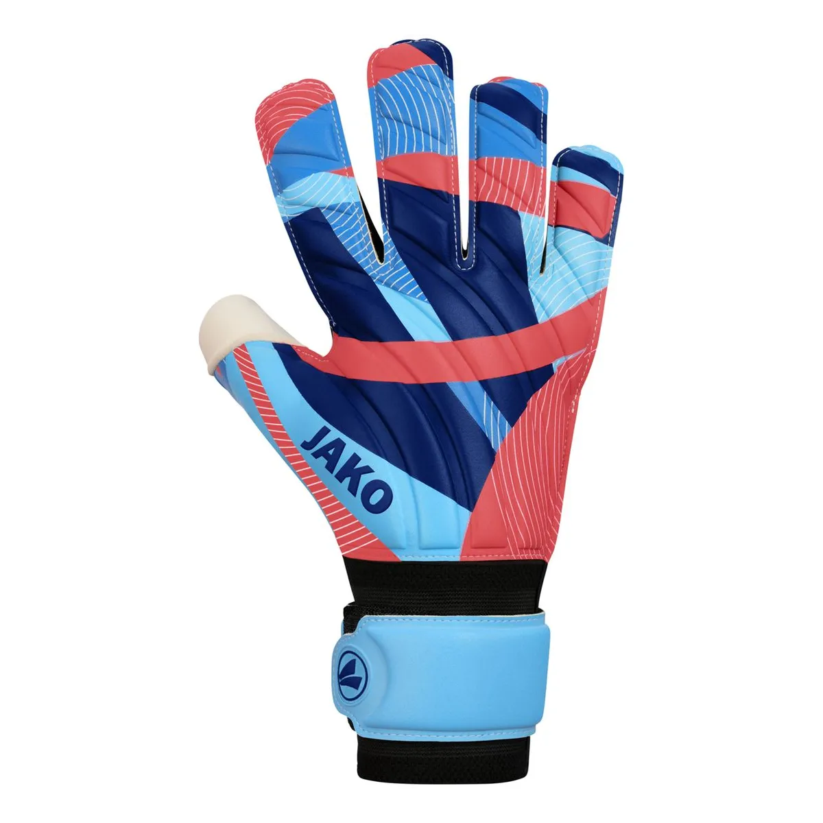 JAKO Torwarthandschuhe River Supersoft RC Unisex skyblue-coral-navy Front #farbe_skyblue-coral-navy