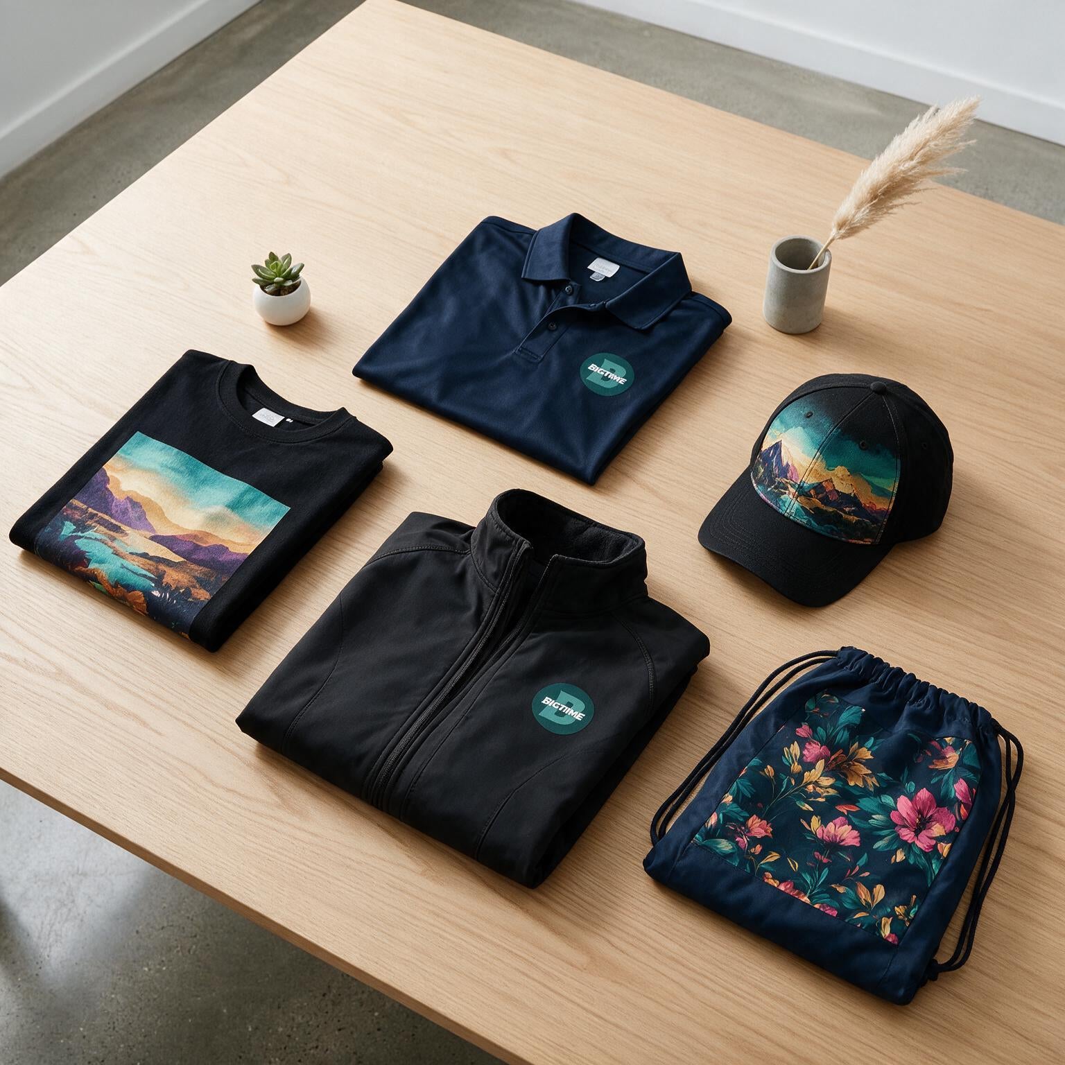 Fünf dunkle Textilien mit farbigen DTF Blockout Drucken auf Eichentisch – Softshell, Polo, T-Shirt, Cap und Turnbeutel