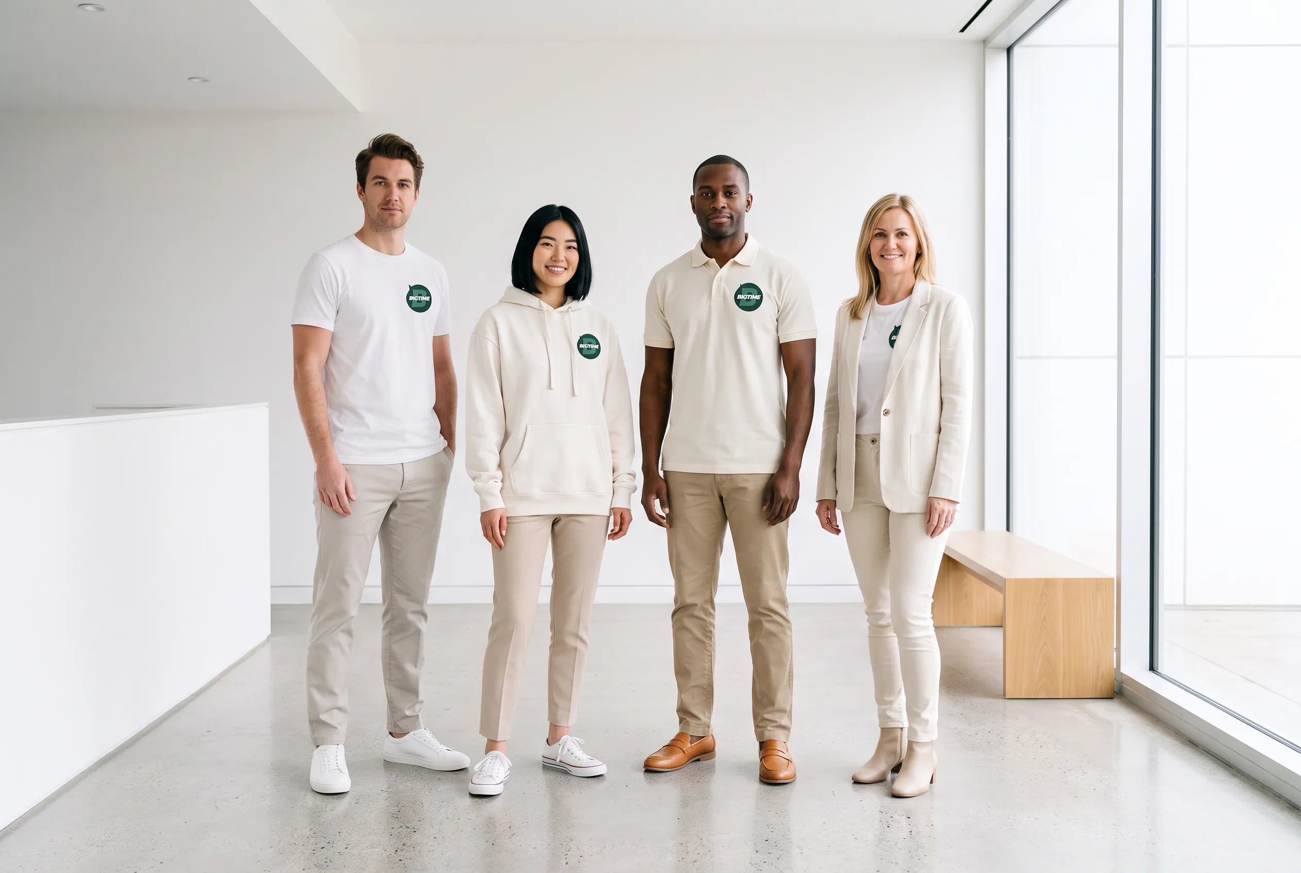Vier Personen im hellen Studio tragen T-Shirt, Hoodie, Polo und Blazer mit BIGTIME Logo