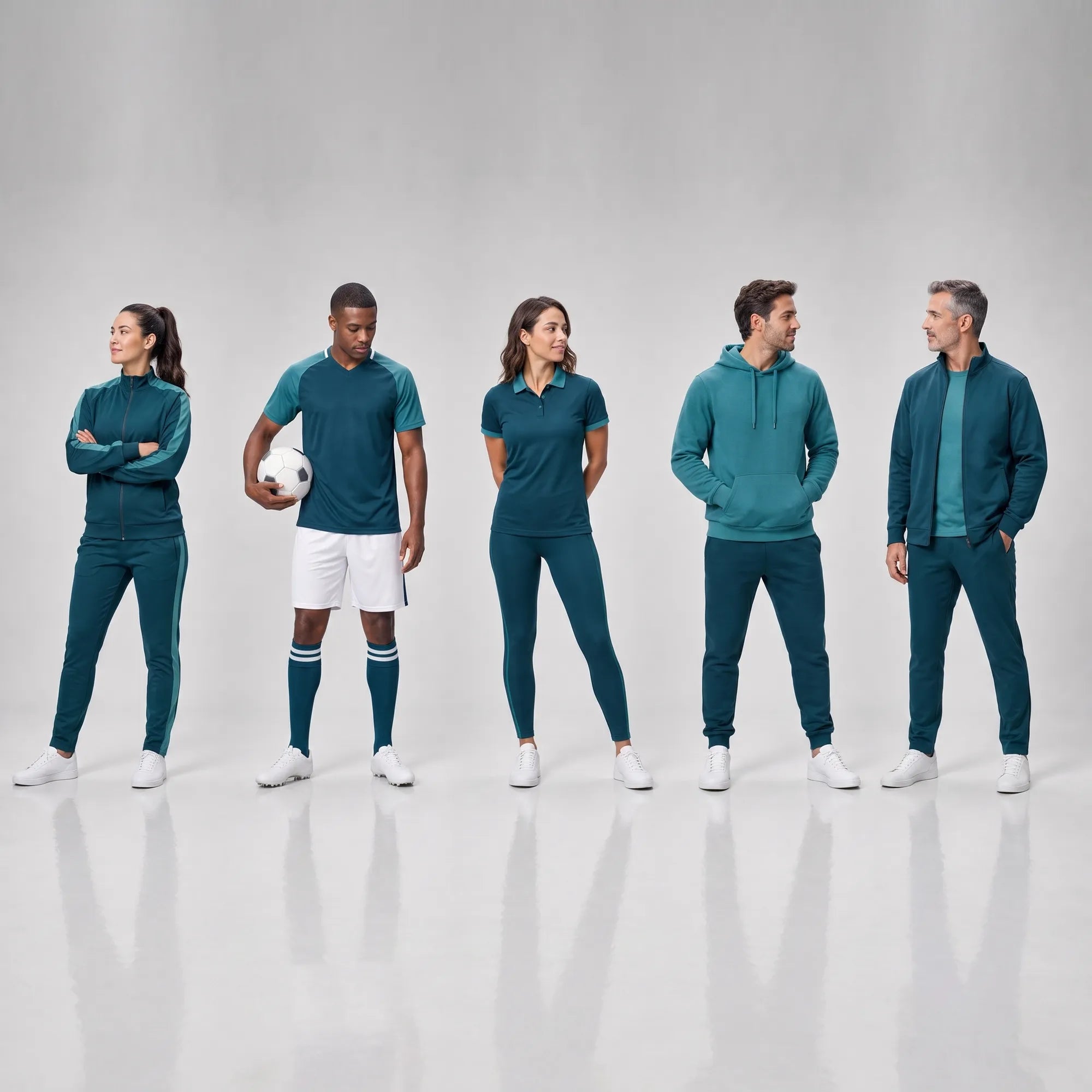Fünf Personen in verschiedener Teal-Teamsport-Bekleidung – Studio-Aufnahme zeigt Sortimentsbreite