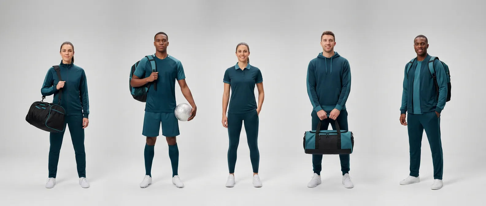 Sportler in Teamsport-Bekleidung mit Sporttasche, Rucksack, Trikot, Poloshirt und Hoodie