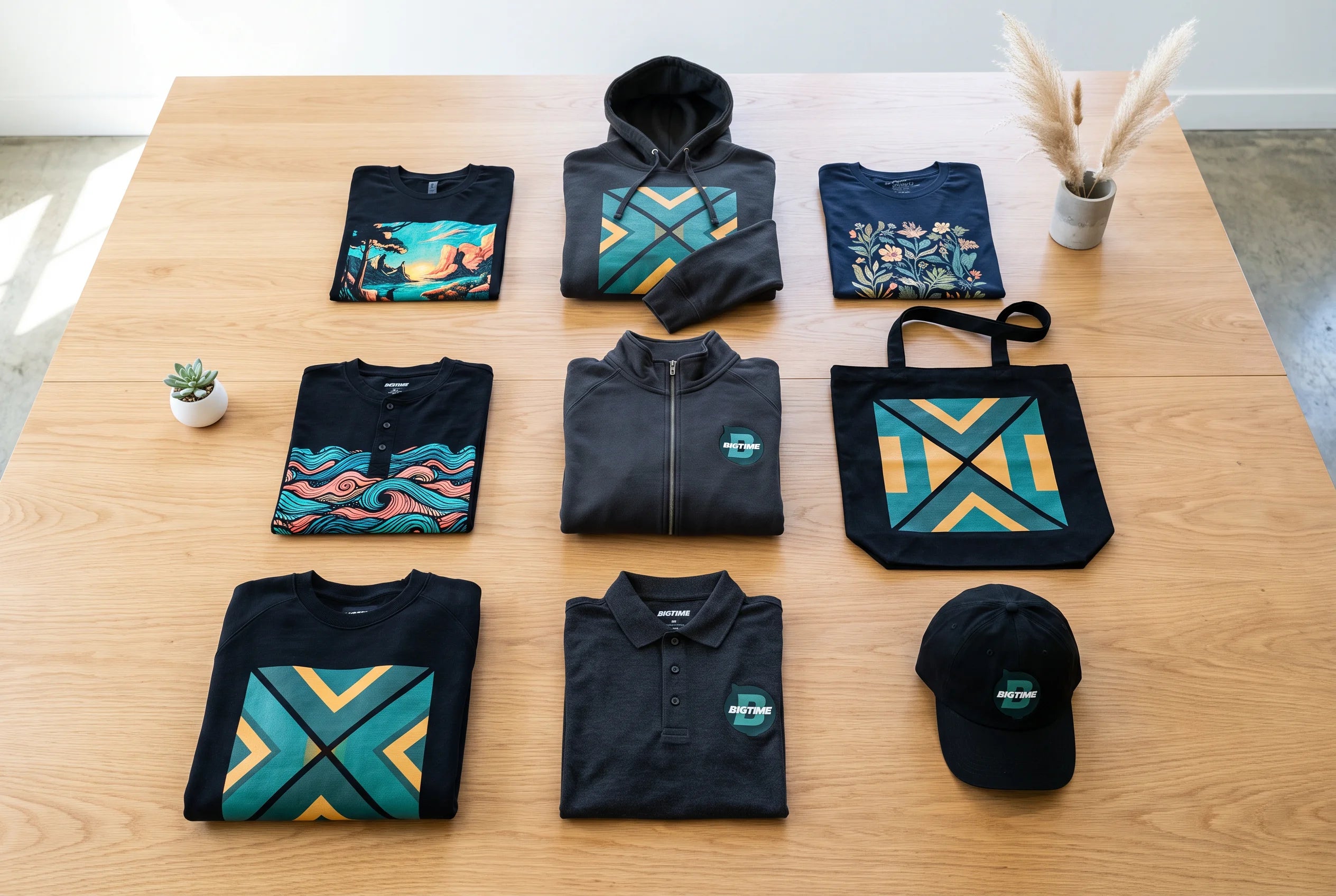 Neun dunkle Kleidungsstücke mit bunten Designs und BIGTIME Logo auf Holztisch