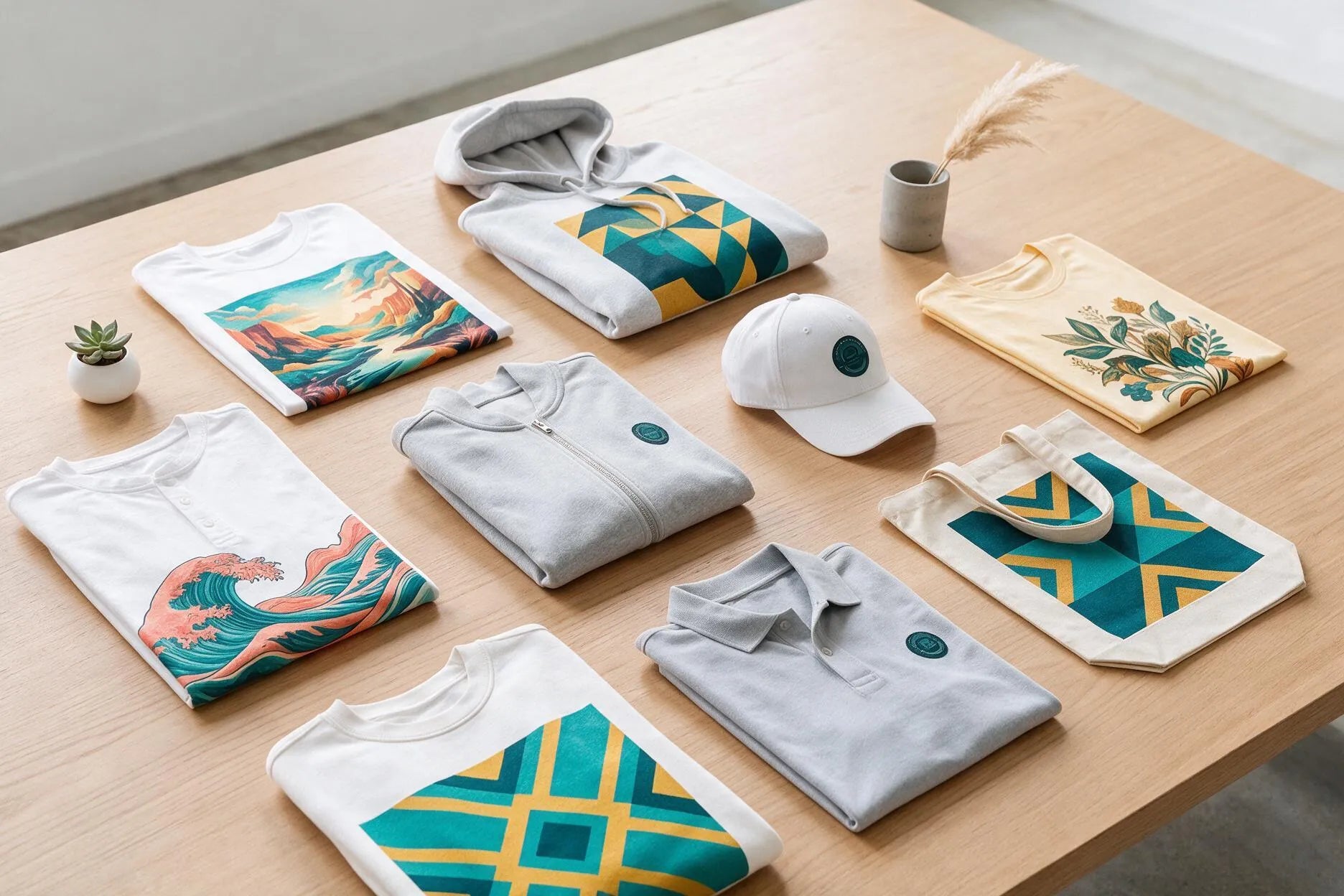 Neun helle Textilien mit bunten DTF-Designs und BIGTIME Logo auf Eichenholz-Tisch