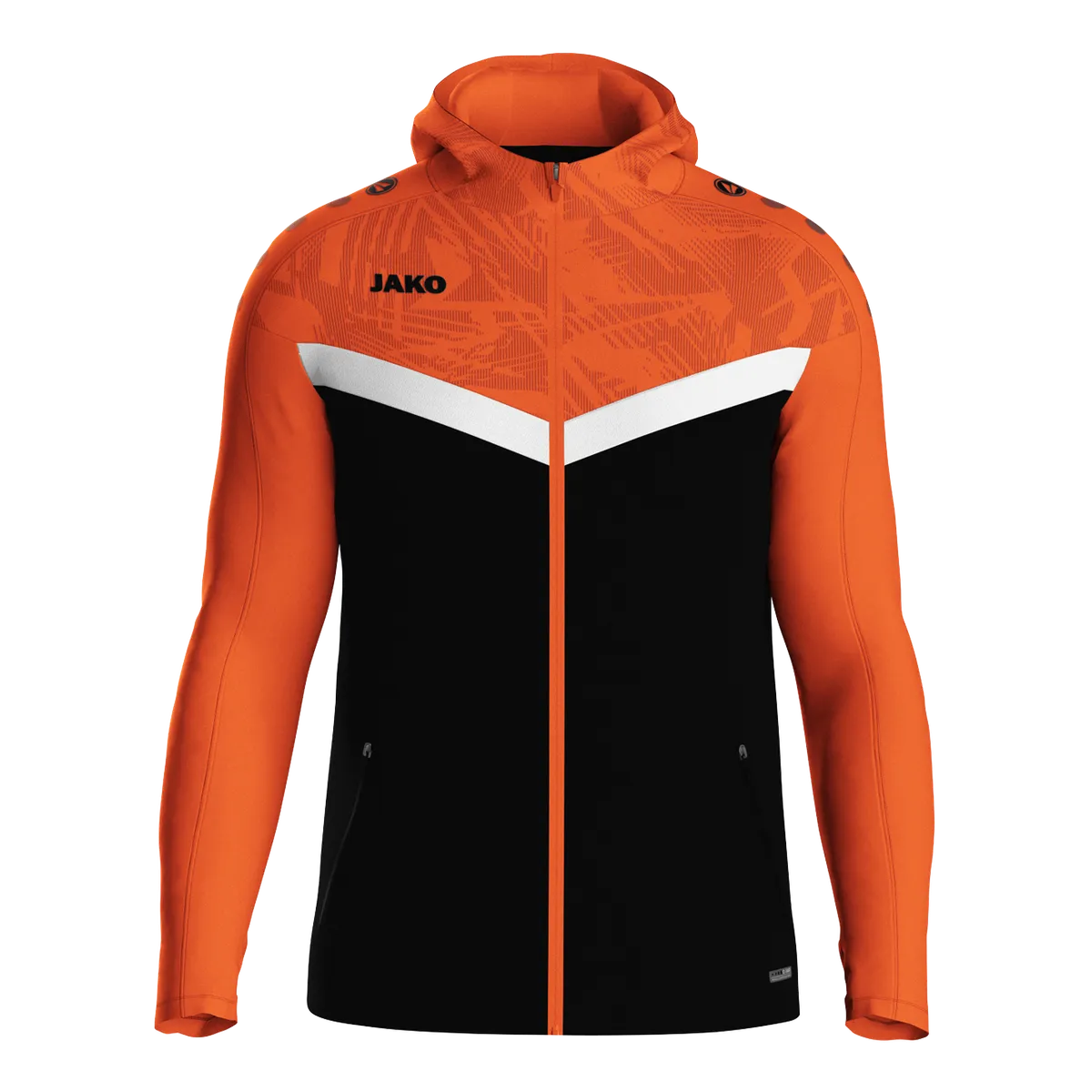 JAKO Kapuzenjacke Iconic Unisex schwarz/neonorange Front #farbe_schwarz-neonorange