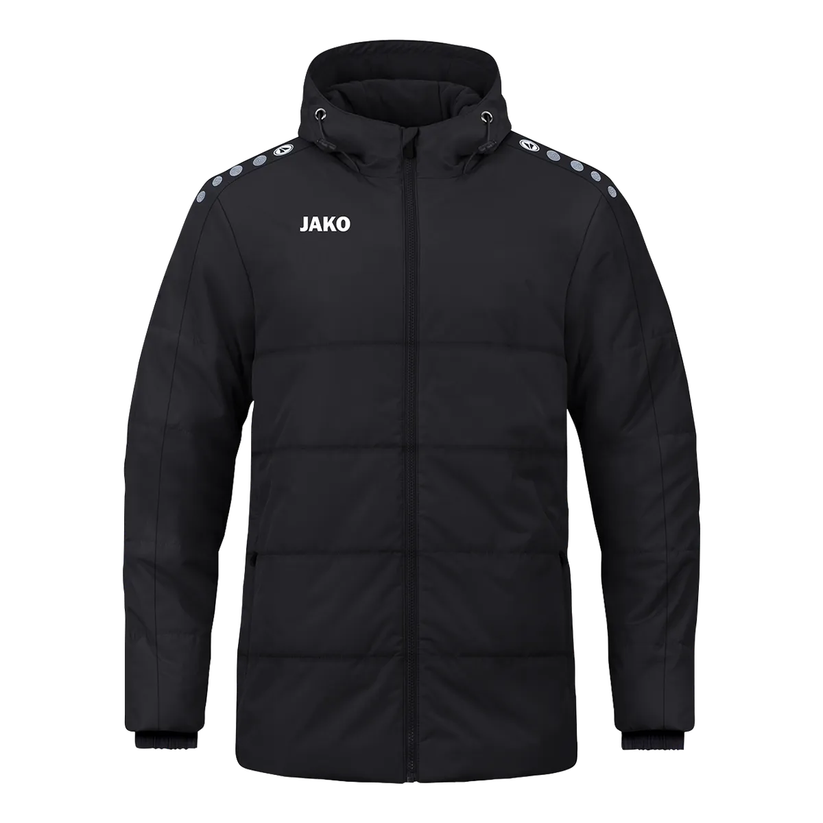 JAKO Winterjacke Coachjacke One mit Kapuze Unisex schwarz Front #farbe_schwarz