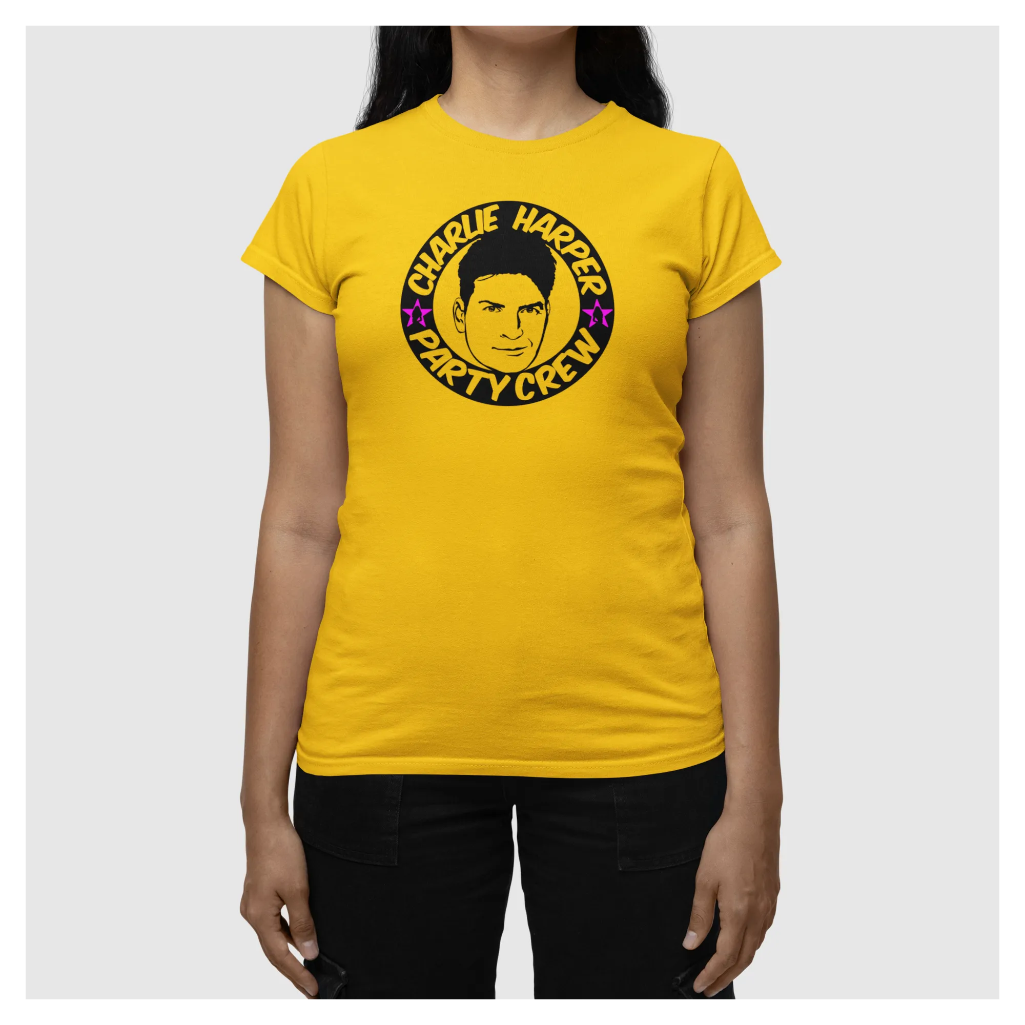 BIGTIME Filme & Serien Charlie Harper Party Crew Shirt grau T-Shirt Damen gold Front #farbe_gold