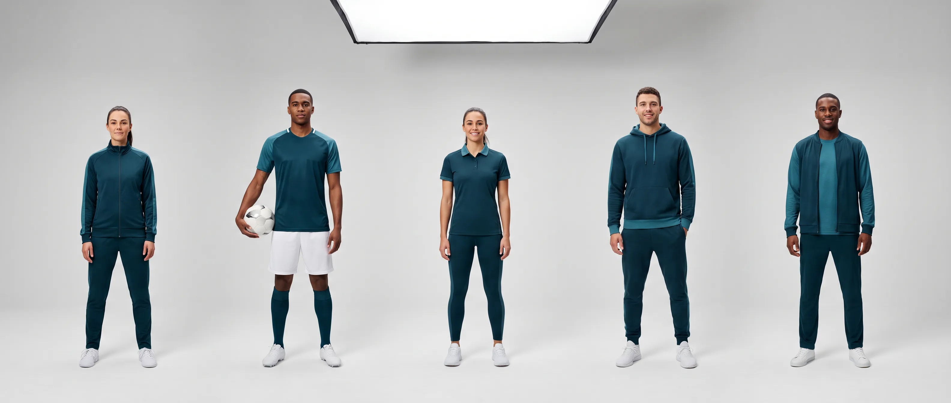 Fünf Personen in einheitlicher Teal-Sportkollektion – Trainingsanzug, Fußball-Trikot, Polo, Hoodie und Präsentationsjacke im Fotostudio