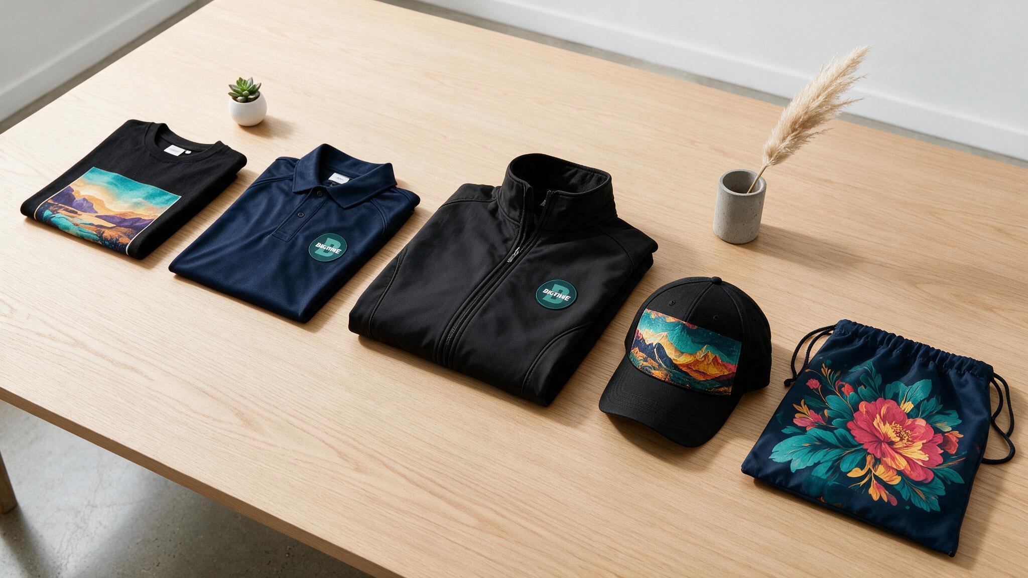 Fünf dunkle Textilien mit farbigen DTF Blockout Drucken auf Eichentisch – Softshell, Polo, T-Shirt, Cap und Turnbeutel