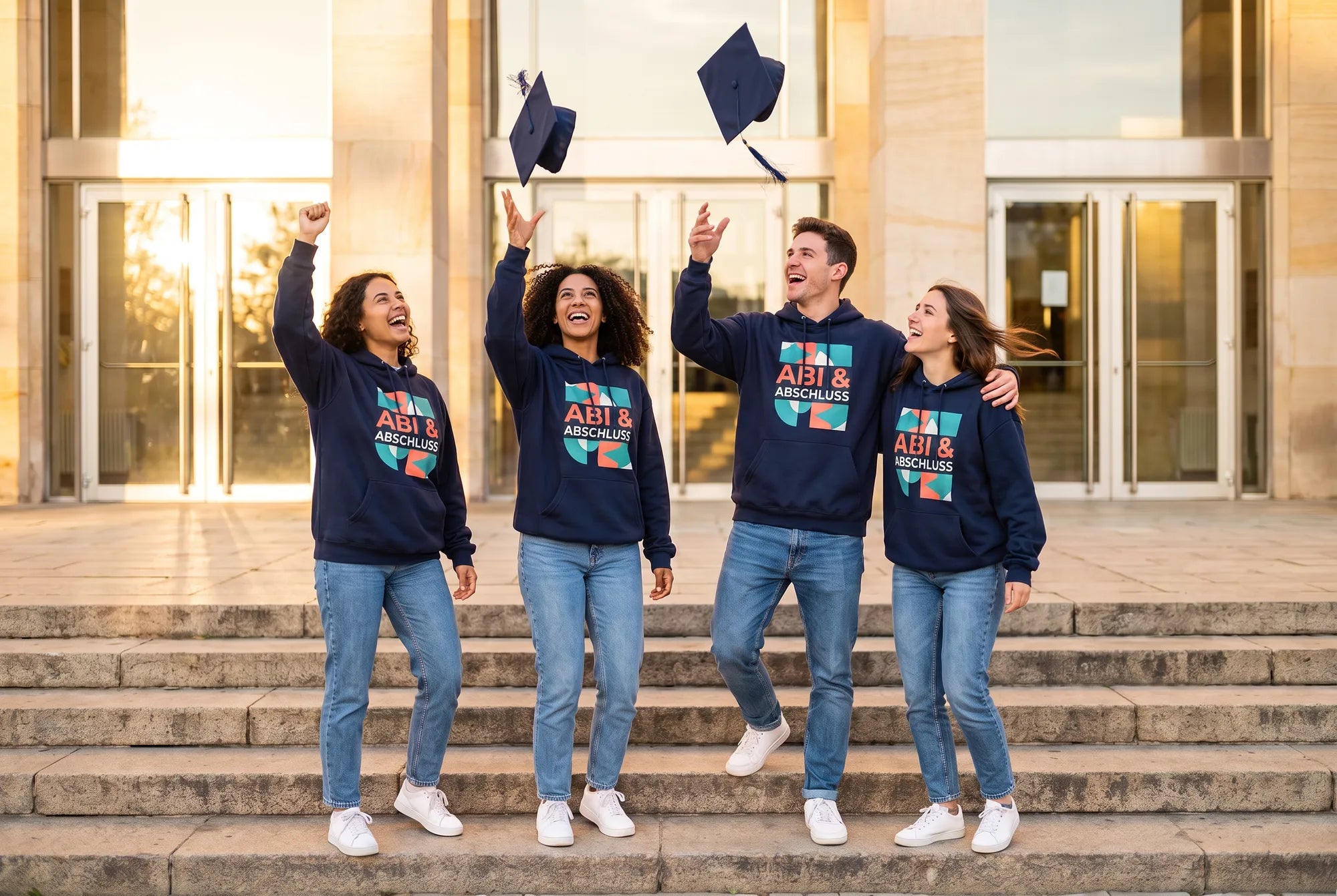 Vier Absolventen auf Steinstufen werfen Abschlusskappen, tragen Hoodies mit ABI & ABSCHLUSS Design