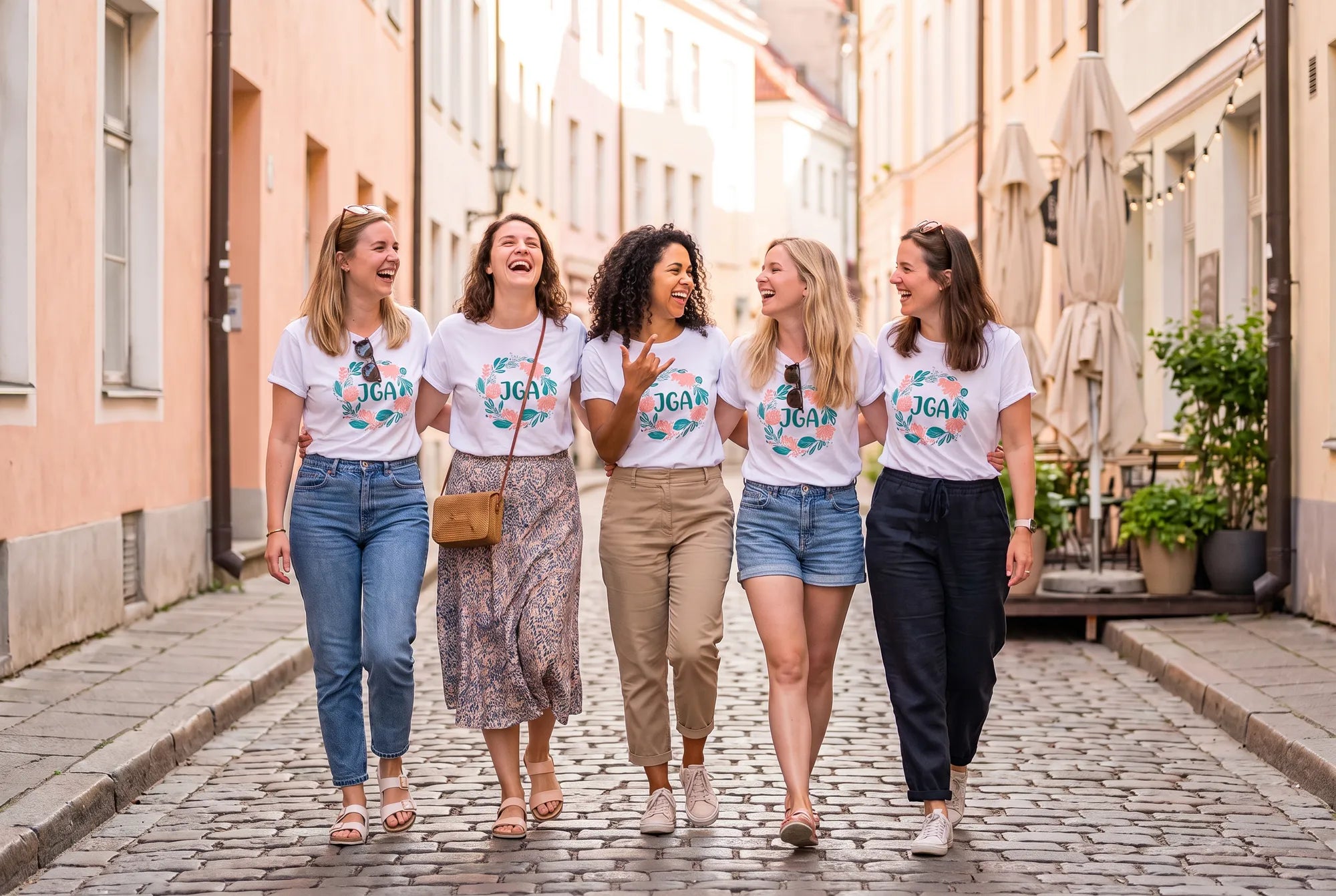 Fünf Frauen laufen lachend durch Altstadt-Gasse, tragen weiße JGA T-Shirts mit Blumenkranz