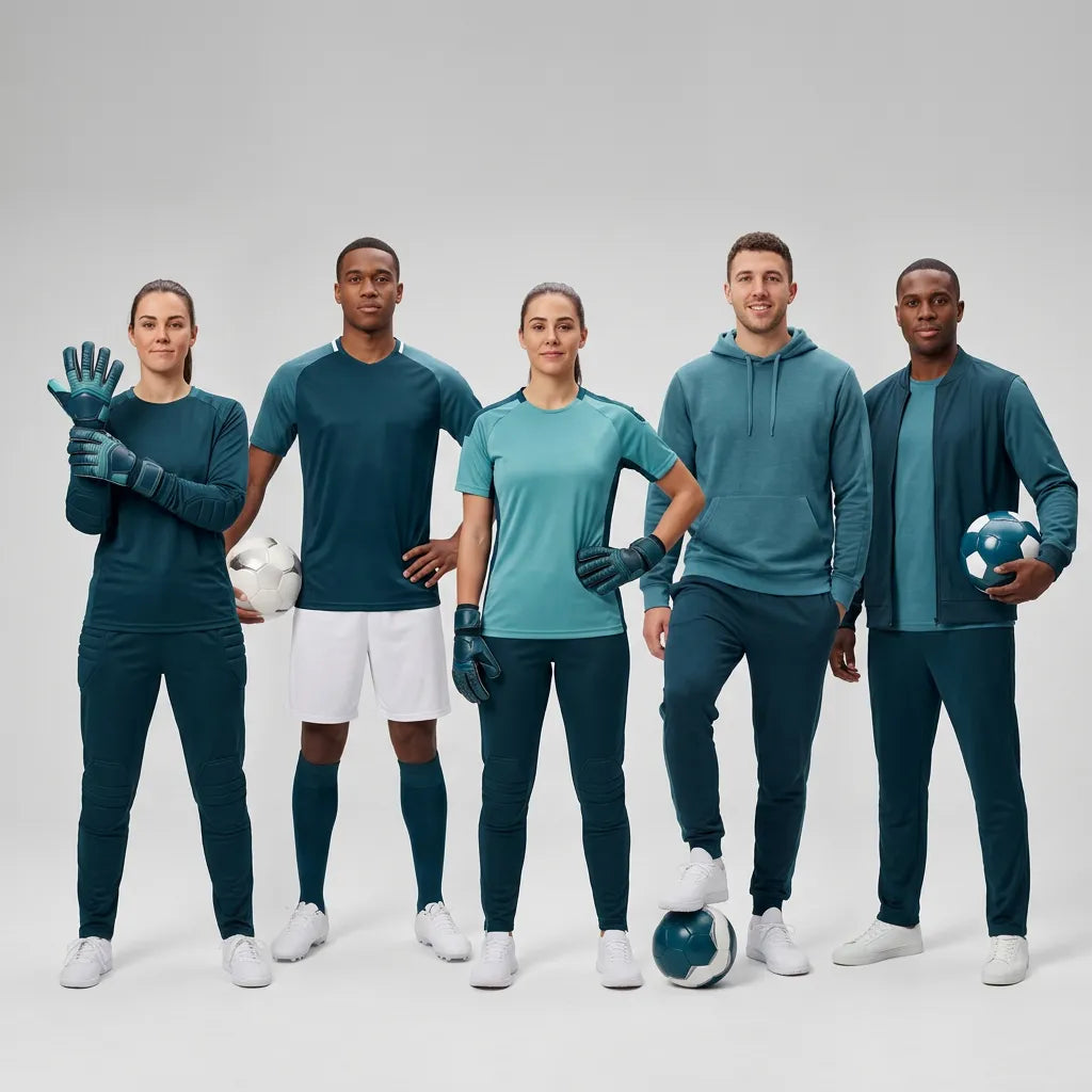 Sportler in Teamsport-Bekleidung mit Torwarthandschuhen und Fussbaellen in Teal-Toenen
