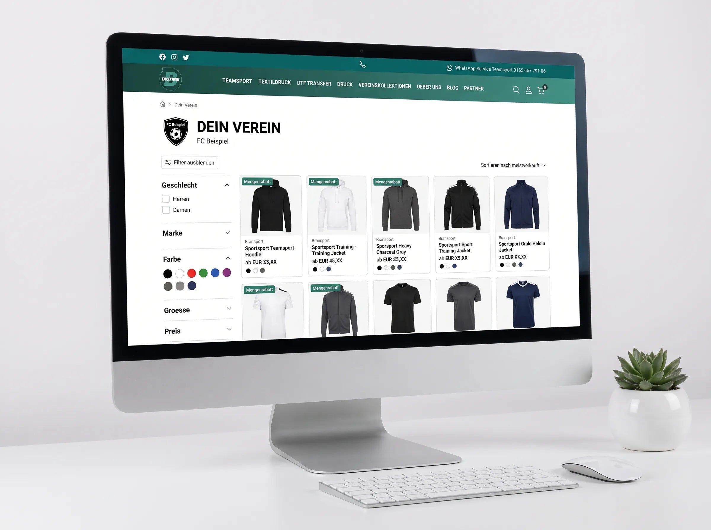 iMac-Monitor zeigt BIGTIME Vereinsshop mit Produktgrid – Trikots, Hoodies und Trainingsanzüge in schwarz, weiß und grau