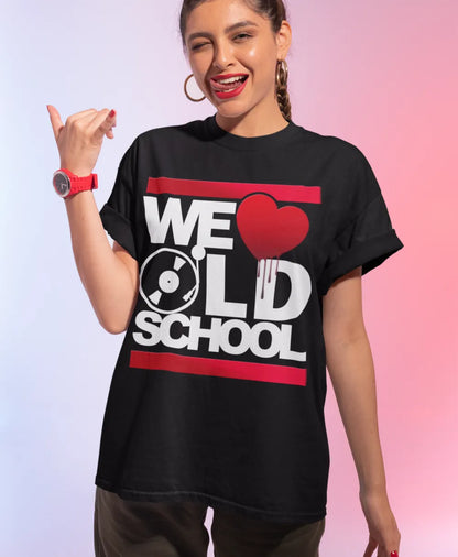 BIGTIME WE LOVE OLDSCHOOL Ladies´ Extended Shoulder Tee schwarz Front 