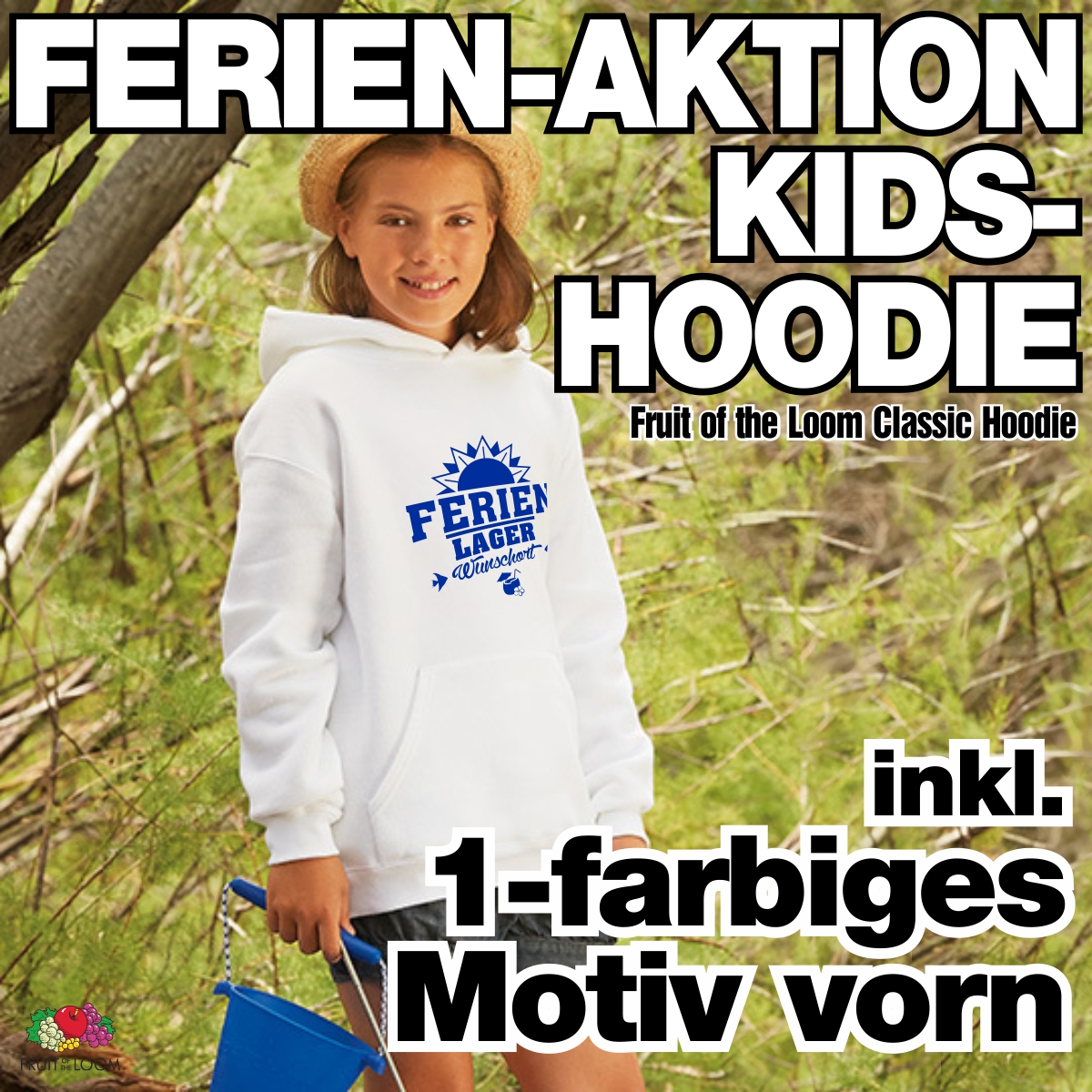 Ferien-Aktion, Kinder-Hoodie inkl. 1- farbigem Motiv