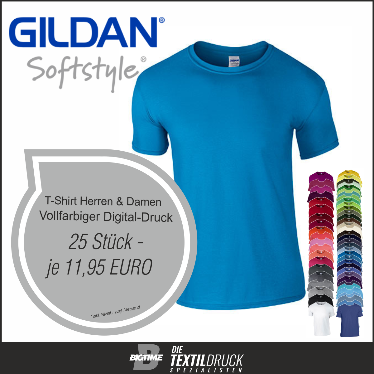 Gildan Softstyle T-Shirts farbig einseitig, vollfarbiger Druck / 25 Stück