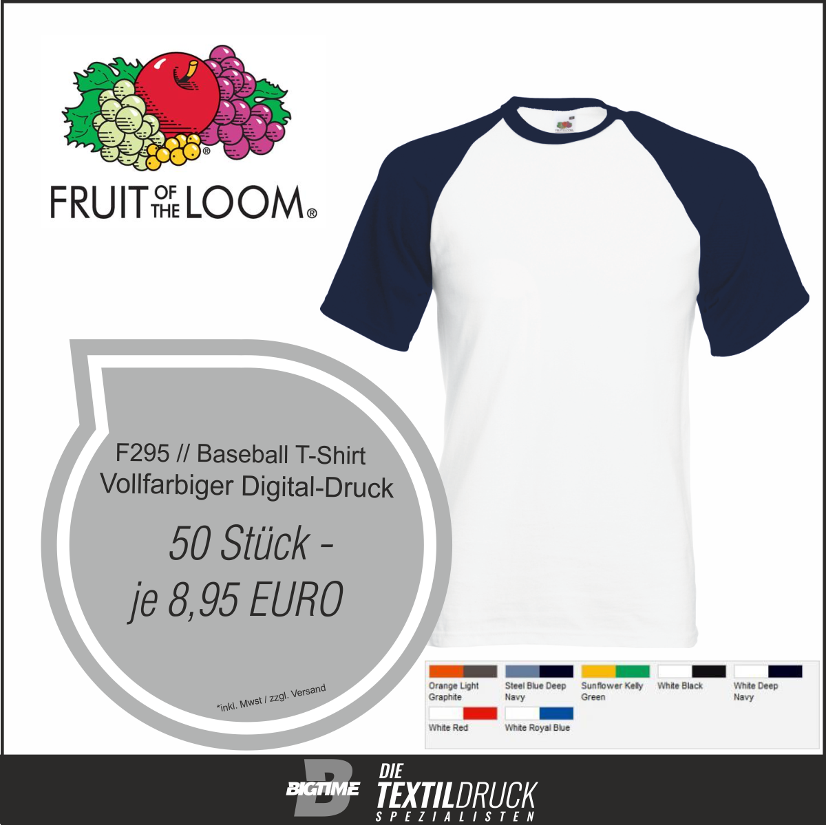 FOL Baseball T-Shirts einseitig, vollfarbiger Druck /  50 Stück